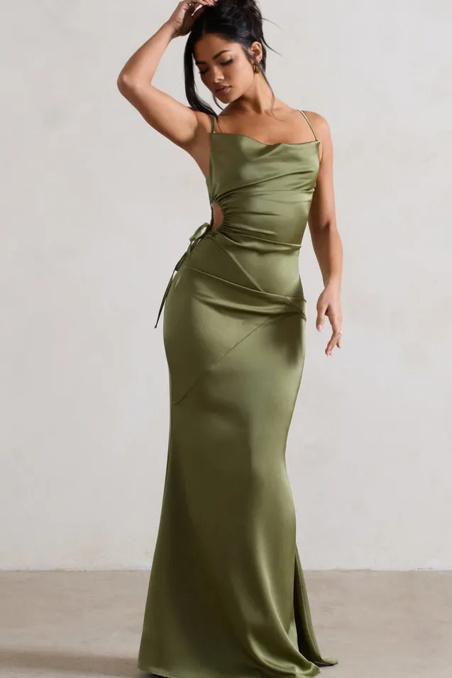 Carter | Olive Green Satin Cowl-Neck Maxi Dress With Cut-Out