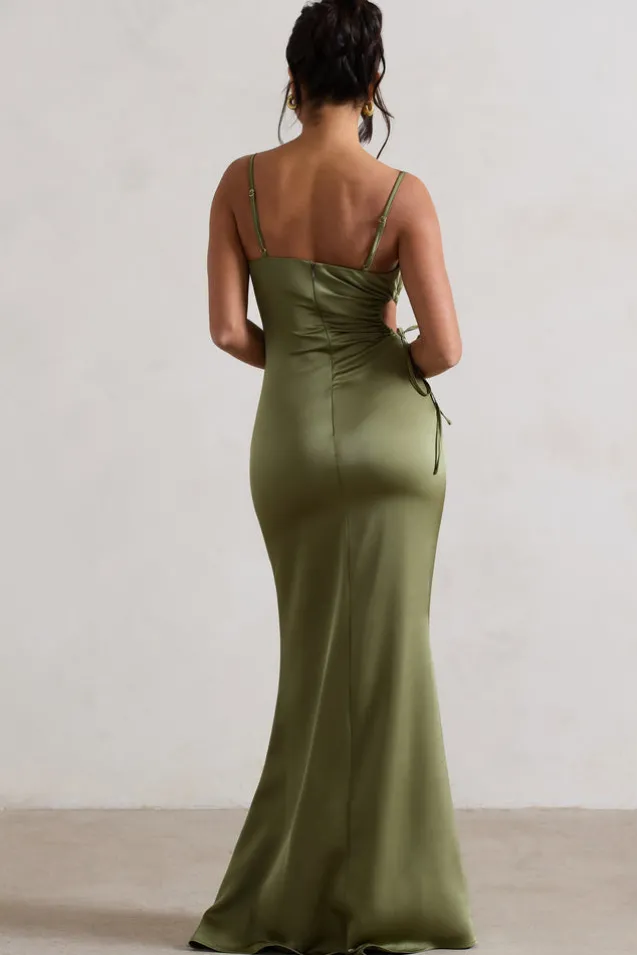 Carter | Olive Green Satin Cowl-Neck Maxi Dress With Cut-Out