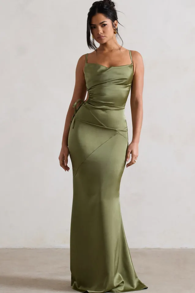 Carter | Olive Green Satin Cowl-Neck Maxi Dress With Cut-Out
