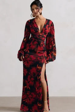 Casarile | Red Floral Print V-Neck Balloon Sleeve Maxi Dress