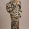 Casarile | Snake Print V-Neck Balloon Sleeve Maxi Dress