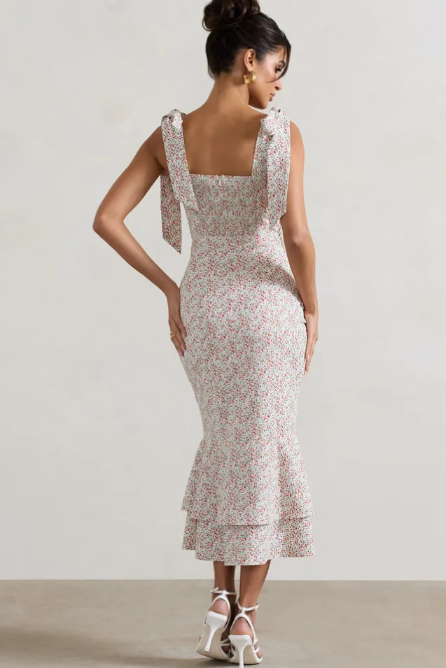 Caserta | White u0026 Red Floral Buttoned Midi Dress With Flared Hem