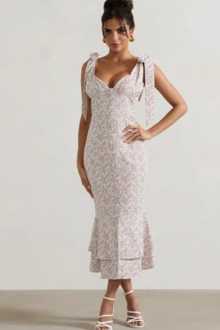 Caserta | White u0026 Red Floral Buttoned Midi Dress With Flared Hem