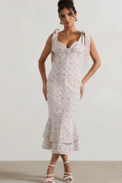 Caserta | White u0026 Red Floral Buttoned Midi Dress With Flared Hem