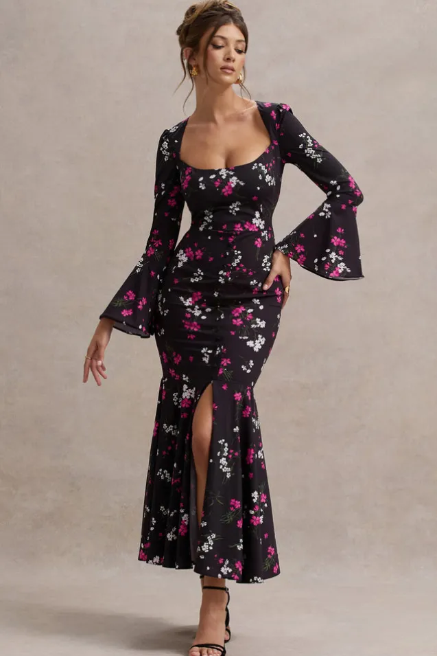 Catalonia | Black Ditsy Floral Print Chiffon Long-Sleeve Split Maxi Dress