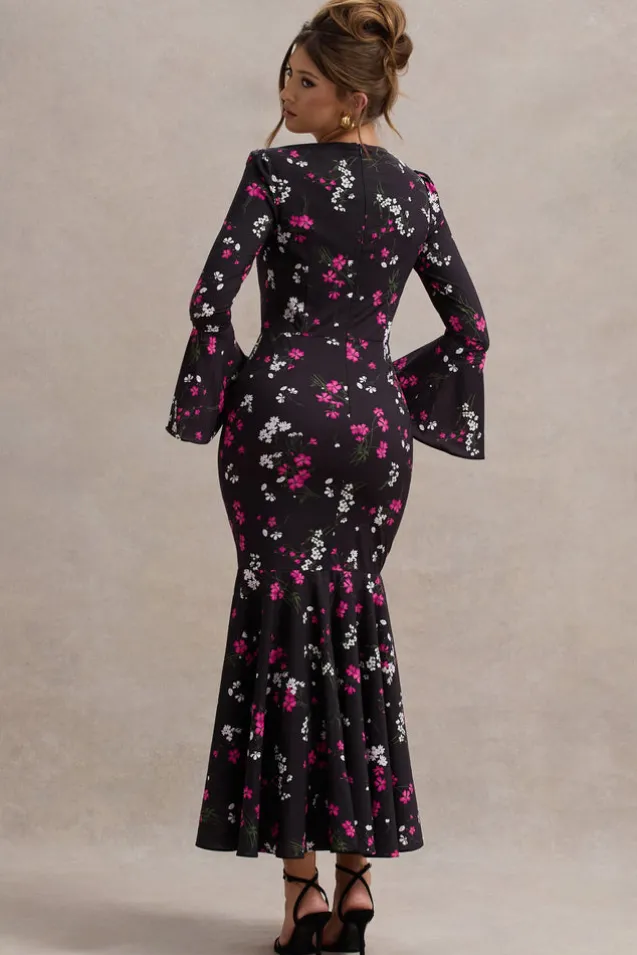 Catalonia | Black Ditsy Floral Print Chiffon Long-Sleeve Split Maxi Dress