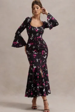Catalonia | Black Ditsy Floral Print Chiffon Long-Sleeve Split Maxi Dress