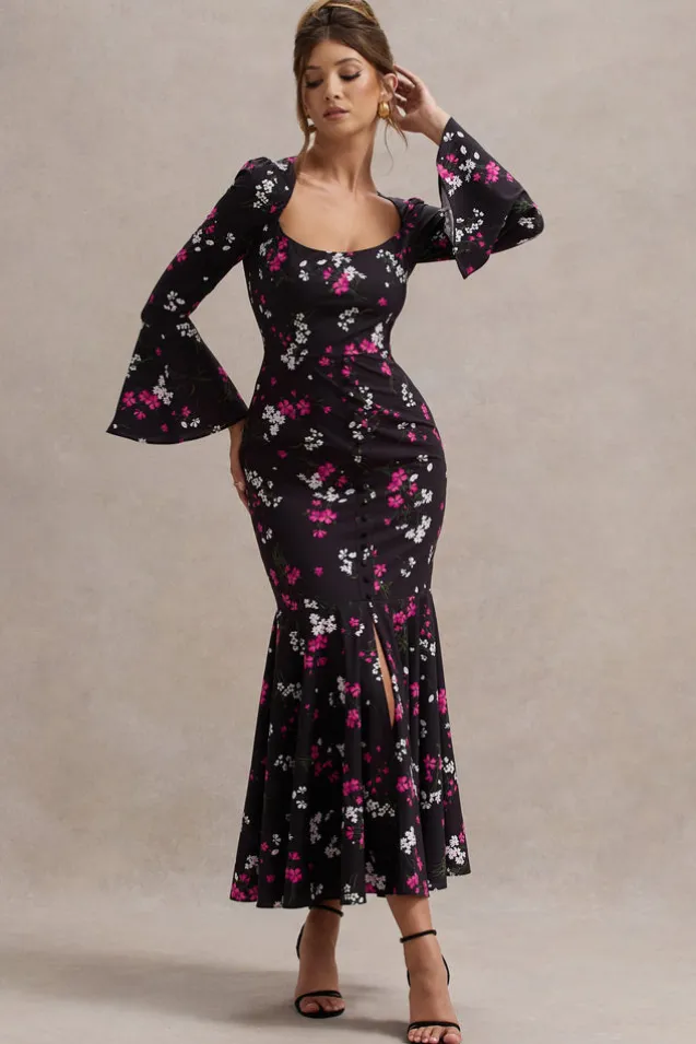Catalonia | Black Ditsy Floral Print Chiffon Long-Sleeve Split Maxi Dress