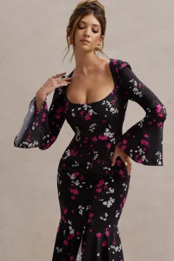 Catalonia | Black Ditsy Floral Print Chiffon Long-Sleeve Split Maxi Dress