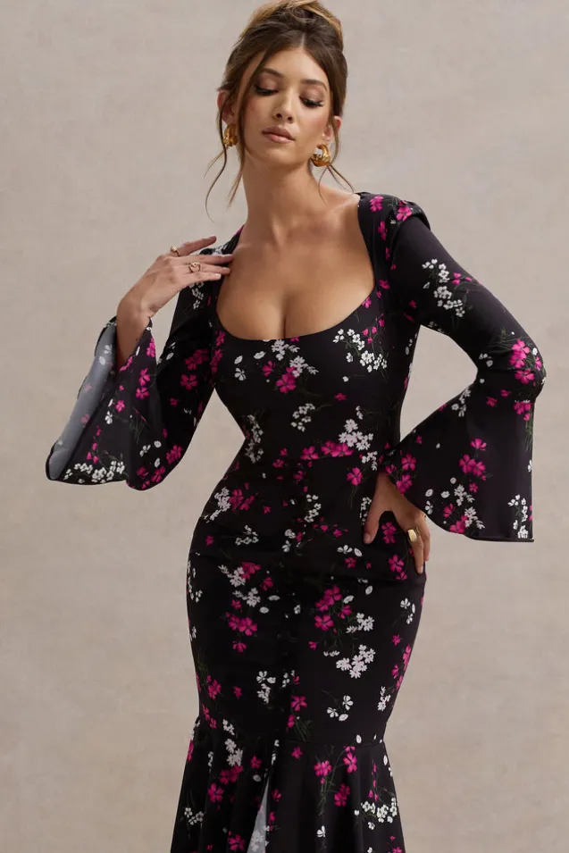 Catalonia | Black Ditsy Floral Print Chiffon Long-Sleeve Split Maxi Dress