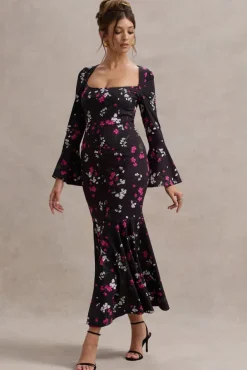 Catalonia | Black Ditsy Floral Print Chiffon Long-Sleeve Split Maxi Dress