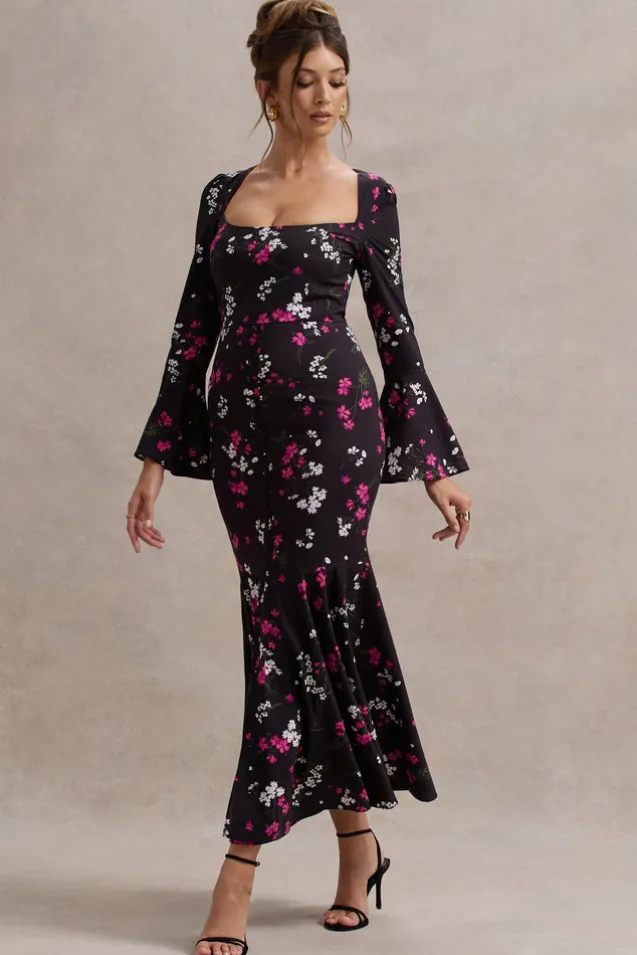 Catalonia | Black Ditsy Floral Print Chiffon Long-Sleeve Split Maxi Dress