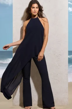 Catania | Navy Flared-Leg Jumpsuit With Chiffon Cape