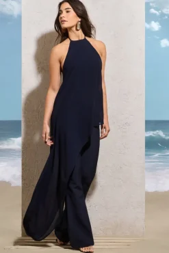 Catania | Navy Flared-Leg Jumpsuit With Chiffon Cape