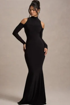Catarina | Black Turtle-Neck Long-Sleeve Maxi Dress With Cold Shoulders