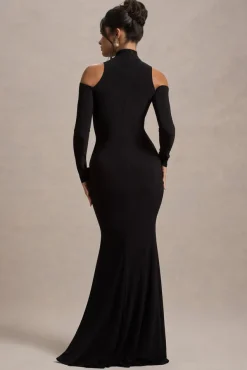 Catarina | Black Turtle-Neck Long-Sleeve Maxi Dress With Cold Shoulders