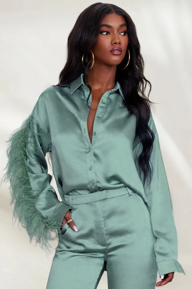 Catch My Eye | Duck Egg Blue Feather Sleeve Satin Shirt
