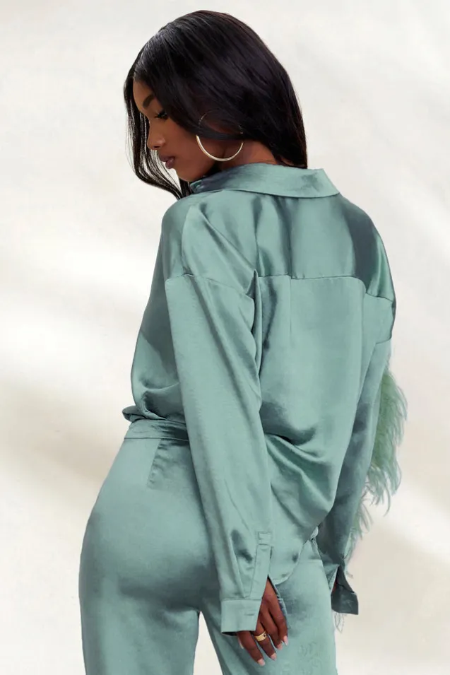 Catch My Eye | Duck Egg Blue Feather Sleeve Satin Shirt