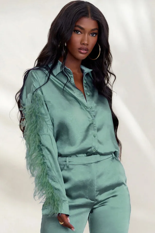 Catch My Eye | Duck Egg Blue Feather Sleeve Satin Shirt