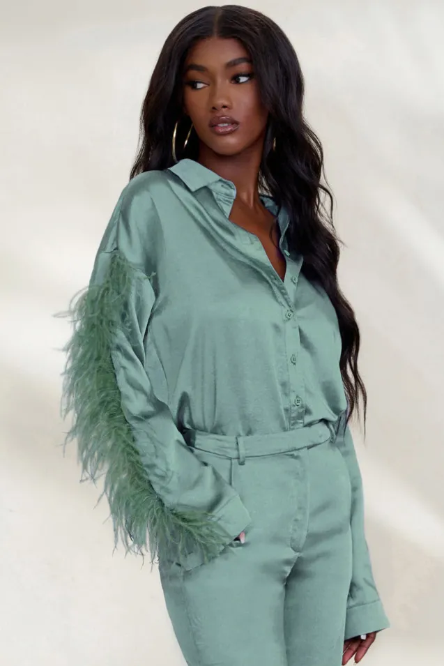 Catch My Eye | Duck Egg Blue Feather Sleeve Satin Shirt