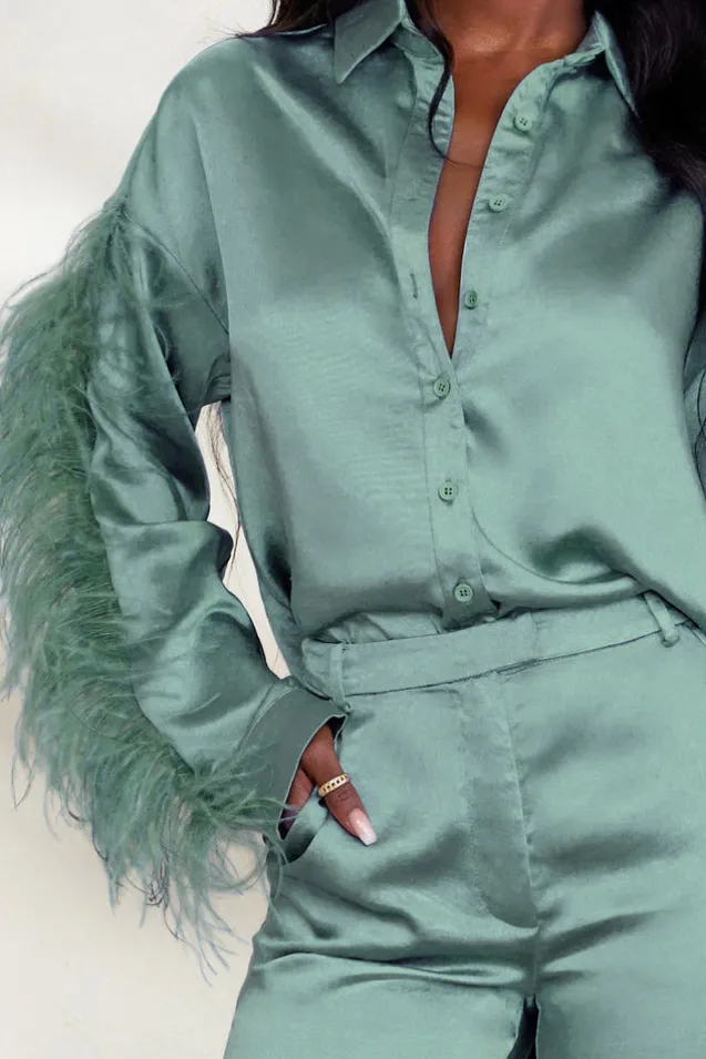 Catch My Eye | Duck Egg Blue Feather Sleeve Satin Shirt