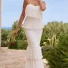 Catera | White Strapless Layered Ruffle Maxi Dress