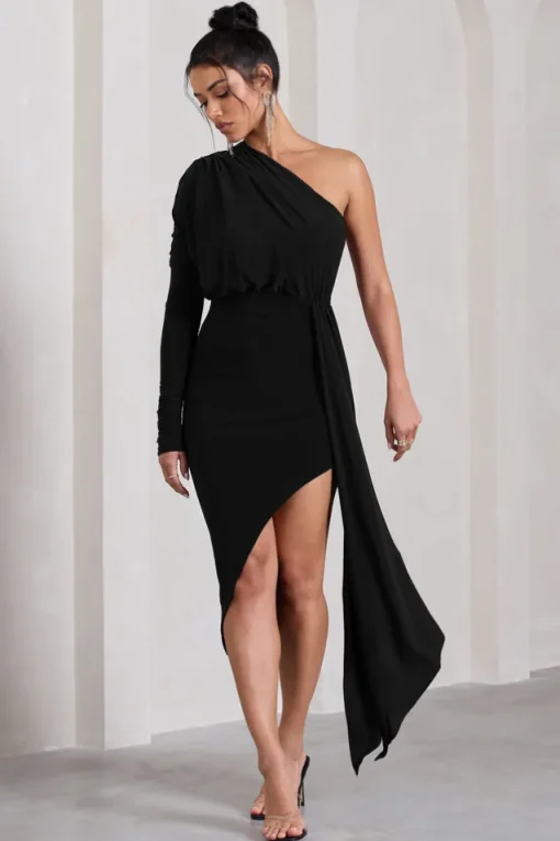 Catherine | Black One Sleeve Asymmetric Midi Dress With Statement Drape