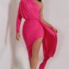 Catherine | Hot Pink One Sleeve Asymmetric Midi Dress With Statement Drape