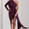 Catherine | Plum One Sleeve Asymmetric Midi Dress With Statement Drape