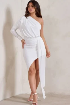Catherine | White One Sleeve Asymmetric Midi Dress With Statement Drape