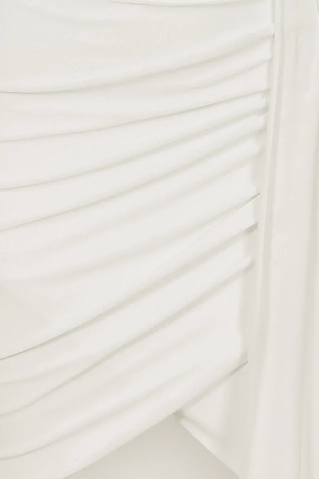 Catherine | White One Sleeve Asymmetric Midi Dress With Statement Drape