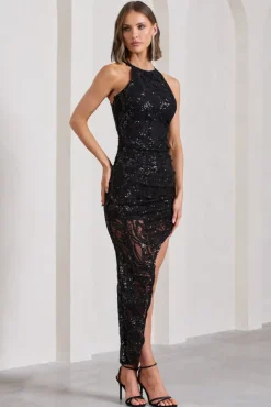 Caught My Eye | Black Sequin Asymmetric Strappy Maxi Dress