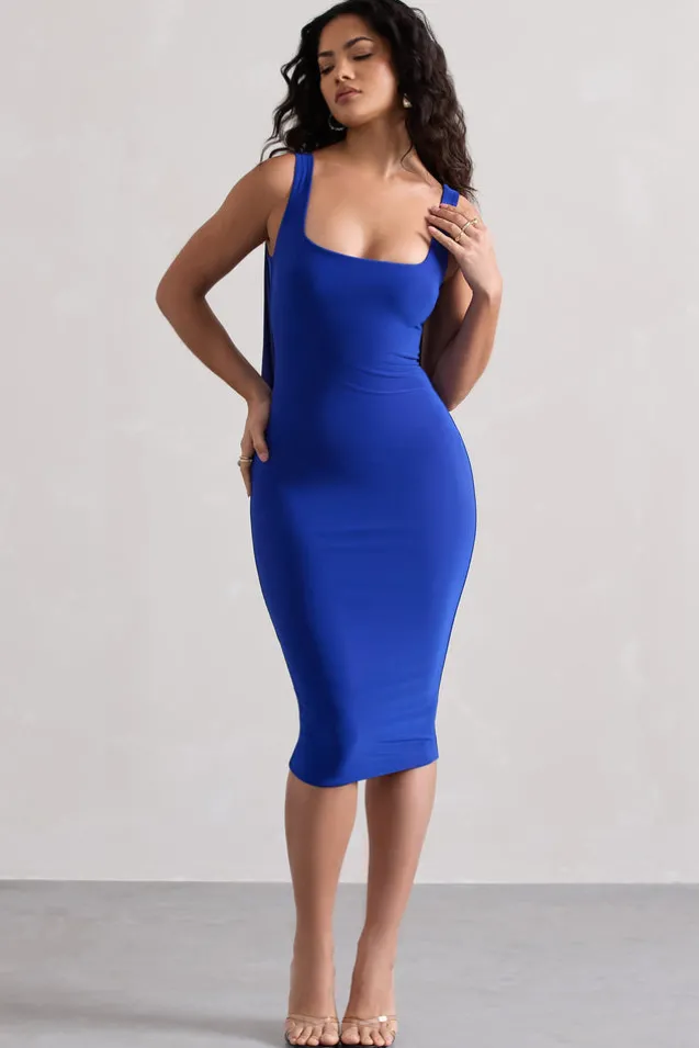 Caught Up | Royal Blue Square-Neck Backless Midi Dress With Cape