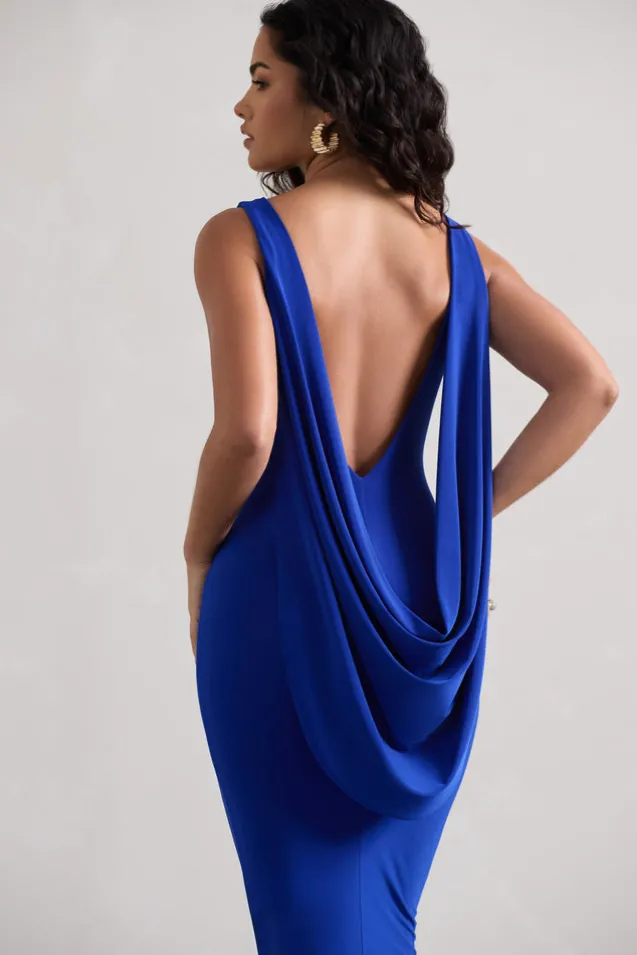 Caught Up | Royal Blue Square-Neck Backless Midi Dress With Cape