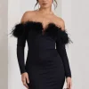 Celia | Black Plunge Neck Bardot Mini Dress With Feather Trim Detail