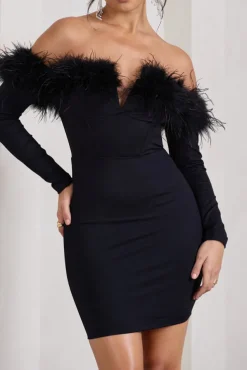 Celia | Black Plunge Neck Bardot Mini Dress With Feather Trim Detail