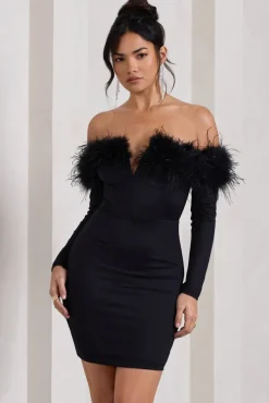 Celia | Black Plunge Neck Bardot Mini Dress With Feather Trim Detail