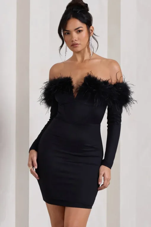 Celia | Black Plunge Neck Bardot Mini Dress With Feather Trim Detail