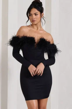 Celia | Black Plunge Neck Bardot Mini Dress With Feather Trim Detail