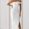 Celine | White Asymmetric One Shoulder Ruched Maxi Dress With Curved Cut Out