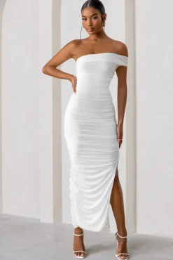 Celine | White Asymmetric One Shoulder Ruched Maxi Dress With Curved Cut Out