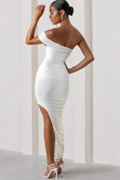 Celine | White Asymmetric One Shoulder Ruched Maxi Dress With Curved Cut Out