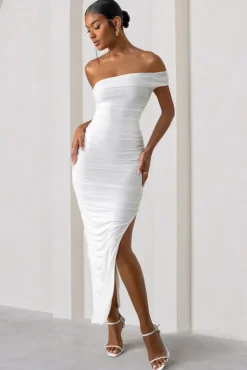 Celine | White Asymmetric One Shoulder Ruched Maxi Dress With Curved Cut Out