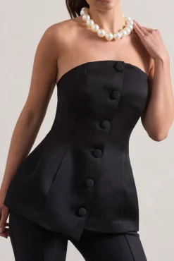 Century | Black Satin Strapless Button Front Corset Top