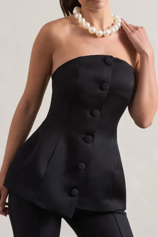 Century | Black Satin Strapless Button Front Corset Top