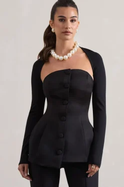 Century | Black Satin Strapless Button Front Corset Top