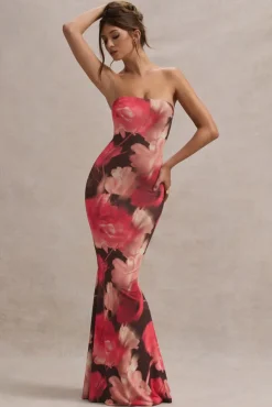 Ceremony | Red Floral Print Bandeau Fishtail Maxi Dress