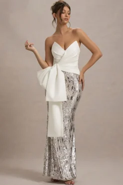 Ceres | Ecru Strapless Draped Maxi Dress With Sequin Skirt