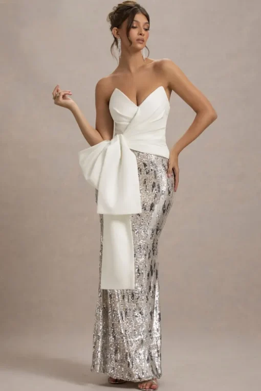 Ceres | Ecru Strapless Draped Maxi Dress With Sequin Skirt