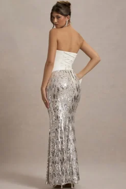 Ceres | Ecru Strapless Draped Maxi Dress With Sequin Skirt